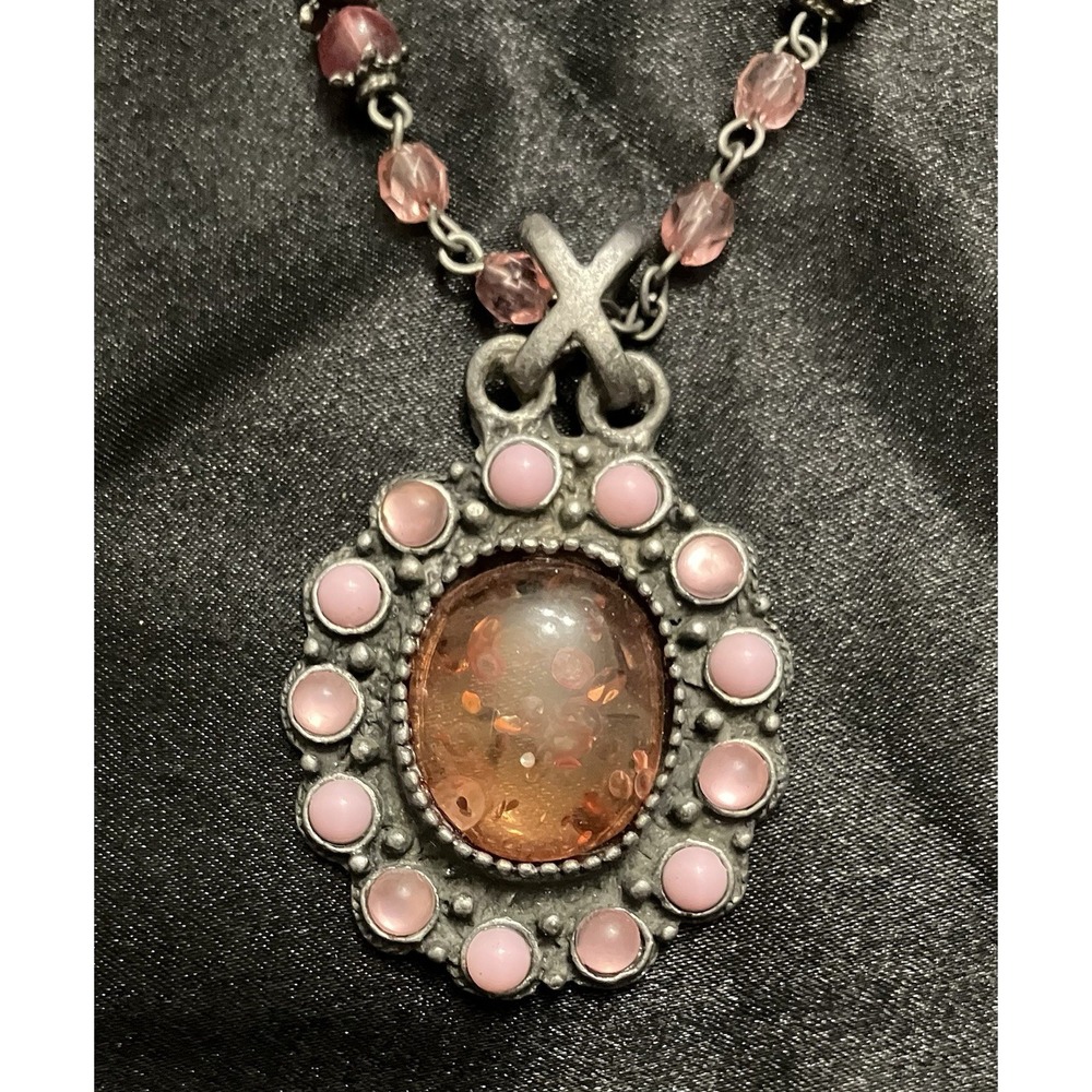 Silver Tone Necklace Glittering Amber Flecks Cabochon Pink Beads Boho Statement